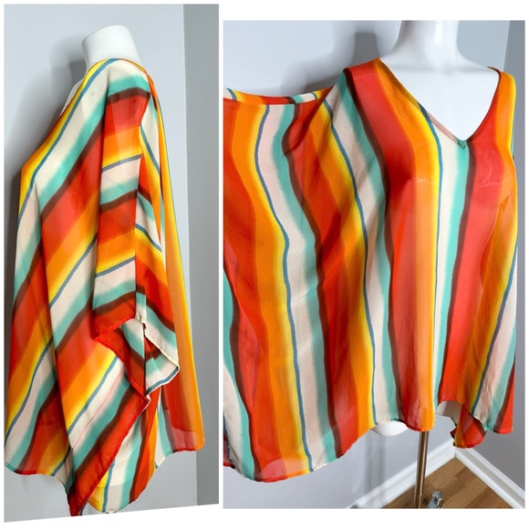 PALMS AWAY COLORFUL STRIPE SHEER TOP/ PRELOVED  SIZE MEDIUM - Picture 3 of 5